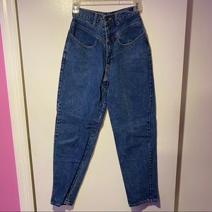 Dark wash high waisted mom jeans, about 23 in